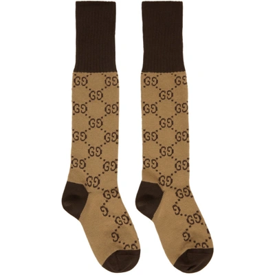 Gucci Beige & Brown Cotton Gg Socks In Brown