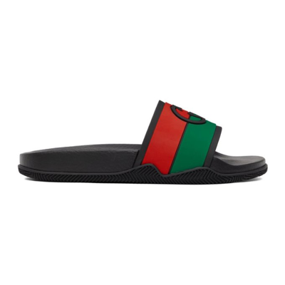 GUCCI BLACK INTERLOCKING G SLIP-ON SANDALS