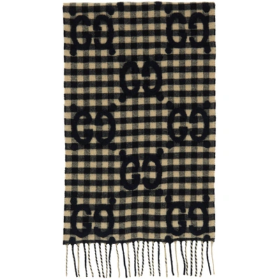 Gucci Gg-jacquard Checked Wool-blend Scarf In Dark Blue And Ivory