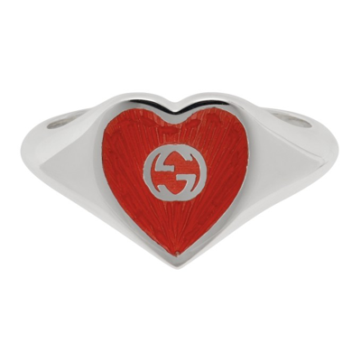 Gucci Sterling Silver Interlocking G Heart Enamel Ring In Silver,red