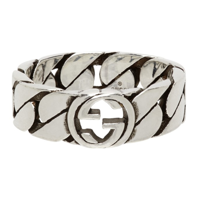 GUCCI SILVER WIDE INTERLOCKING G RING