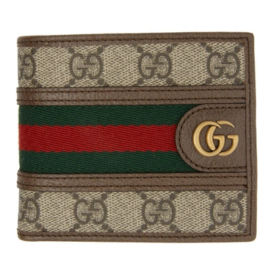 Gucci Ophidia Webbing-trimmed Monogrammed Coated-canvas And Leather Billfold Wallet In Brown