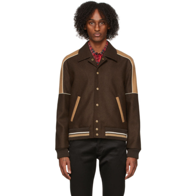 Saint Laurent Teddy Colour-block Wool Bomber Jacket In Brown