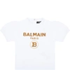 BALMAIN WHITE T-SHIRT FOR BABY GIRL WITH GOLD LOGO,6Q8851 J0006 100OR