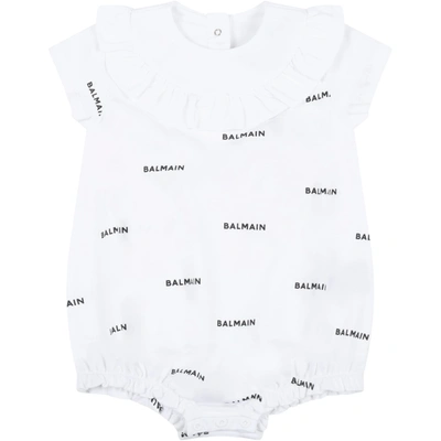 Balmain White Romper For Baby Girl With Logos In Bianco
