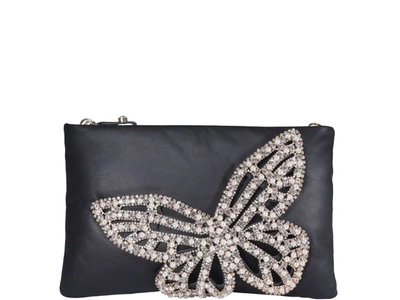 Sophia Webster Flossy Butterfly Leather Clutch Bag In Black Pearl