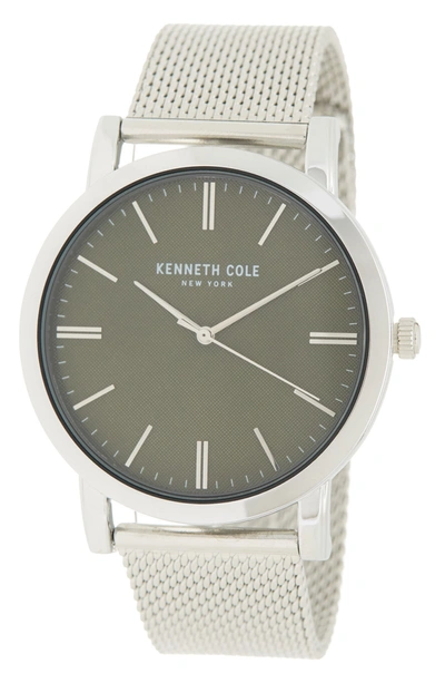 Kenneth Cole New York 3-hand Green Dial Mesh Bracelet Watch, 43.6mm In Silver