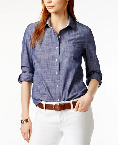Tommy Hilfiger Cotton Printed Roll-tab Utility Shirt In Chambray