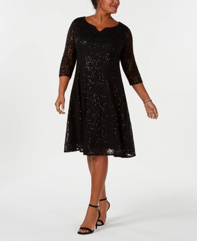 Sl Fashions Plus Size Sequined Lace Dress In Black