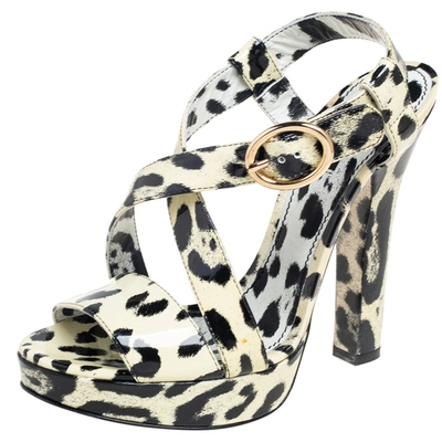 Pre-owned Dolce & Gabbana Cream/black Patent Leather Leopard Print Ankle Strap Platform Sandals Size 40