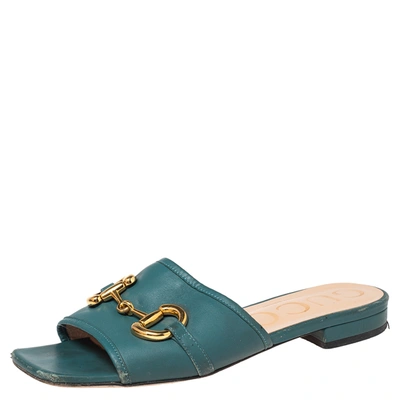 Pre-owned Gucci Blue Leather Horsebit Flat Sandals Size 37