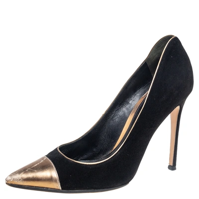 Pre-owned Gianvito Rossi Black/gold Leather And Suede Cap Toe Pumps Size 37
