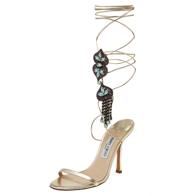 Pre-owned Jimmy Choo Metallic Beige Leather Crystal Embellished Tie Up Sandals Size 38