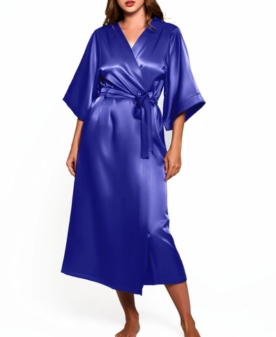 Icollection Women's Victoria Satin 3/4 Sleeve Long Robe In Blue
