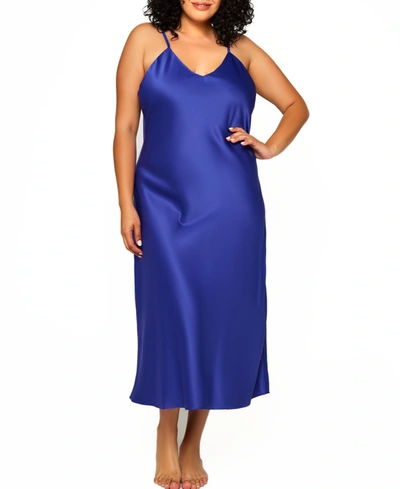 Icollection Plus Size Victoria Long Satin Lingerie Gown With Low Back In Blue