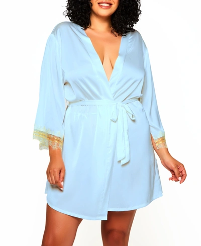 Icollection Plus Size Alison Satin And Lace Trimmed Split Sleeve Robe In Blue