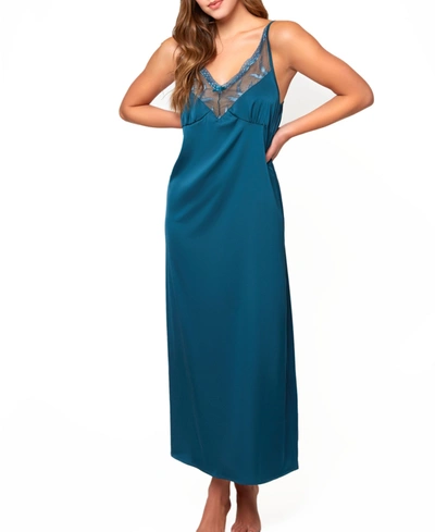 Icollection Women's Lucile Satin And Lace Long Gown In Blue