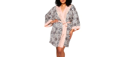 Icollection Plus Size Katie Soft Printed Robe With Lace Trims In Brown