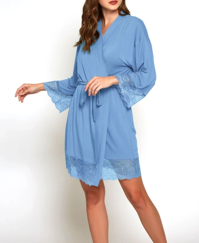Icollection Olivia Plus Size Soft Viscose Robe With Lace Trim And Waist Tie In Blue