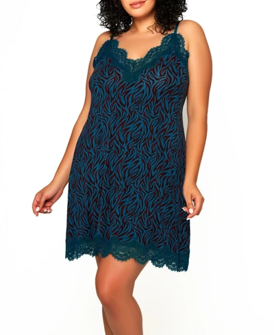 Icollection Plus Size Zebra Print Jersey Knit Chemise With Lace Trims And Adjustable Straps In Green