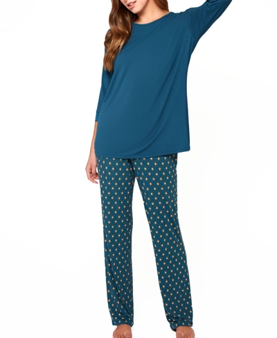 Icollection Women's Malachite Ultra Soft Pajamas Keyhole Back Top And Print Pant Set In Teal