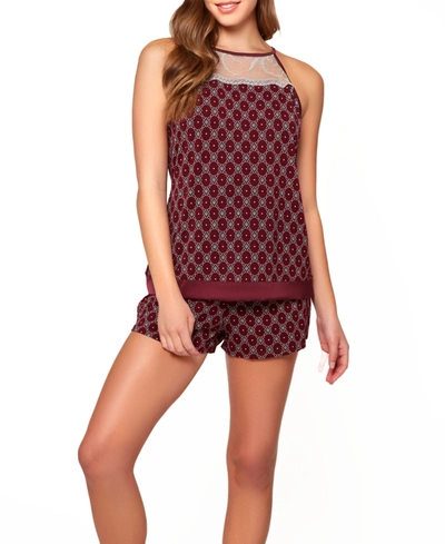Icollection Women's Diamond Pattern Print Knit Cami Set With Halter Neck And Keyhole Tie Back In Burgundy