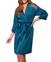 Icollection Plus Size Marina Lux Satin Robe Lingerie In Teal
