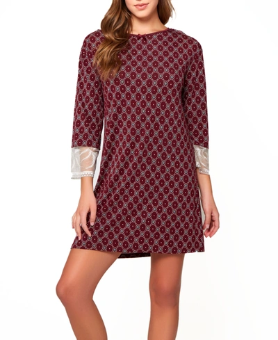 Icollection Women's Diamond Pattern Ultra Soft Print Knit Sleep Shirt With Tie Back And Deep V Open Back In Burgundy