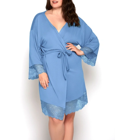 Icollection Olivia Plus Size Soft Viscose Robe With Lace Trim And Waist Tie In Blue