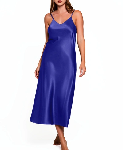 Icollection Plus Size Victoria Long Satin Lingerie Gown With Low Back In Blue