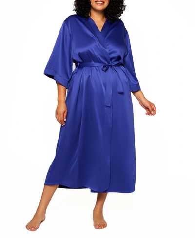 Icollection Victoria Plus Size Satin 3/4 Sleeve Long Robe In Blue
