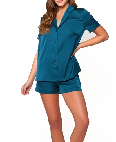 Icollection Women's Lucile Satin And Lace Short Sleeve Pajamas Set In Blue