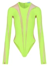 Mugler Sheer Detail Bodysuit Neon Yellow Nude 02 In Yellow