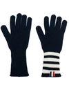 THOM BROWNE CASHMERE RIB GLOVES WITH 4 BAR NAVY,9B144025-AE67-1F93-F320-1361775E2649