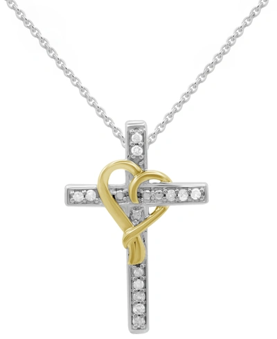 Macy's Diamond Cross & Heart 18" Pendant Necklace (1/10 Ct. T.w.) In Sterling Silver & 14k Gold-plate In Sterling Silver  Gold-plate