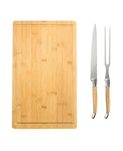 French Home Connoisseur Laguiole Carving Knife And Fork And Bamboo Cutting Board With Moat, Set Of 2 In Olive Wood