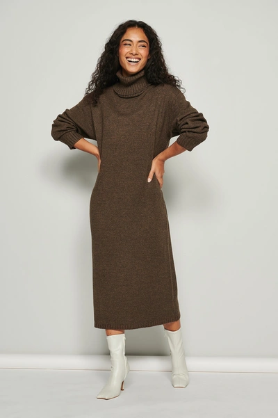 Na-kd Melange High Neck Knitted Long Sleeve Midi Dress - Brown