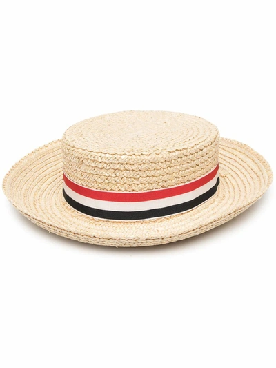 Thom Browne Braided Boater Hat In Beige