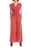 Max Studio Wide Leg Crepe Jumpsuit In Red/ Blue Bunch Of Cherries