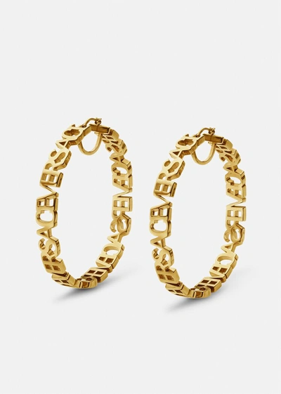 Versace Logo Text Hoop Earrings In  Gold