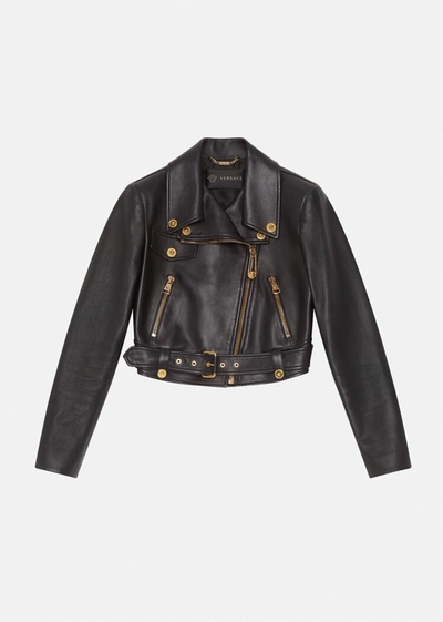 Versace Nappa Leather Biker Jacket In Black