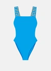 Versace Greca-pattern Scoop-back Swimsuit In Blue