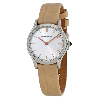 Emporio Armani Swiss Made Classic Silver Dial Leather Ladies Watch Ars7005 In Brown,gold Tone,pink,rose Gold Tone,silver Tone