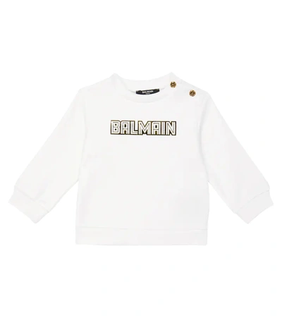 Balmain Baby Cotton Embellished Sweatshirt In Bianco/oro