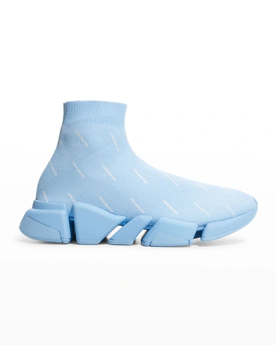 Balenciaga Men's Speed 2.0 Logo Knit Sock Sneakers In Bleu/blanc
