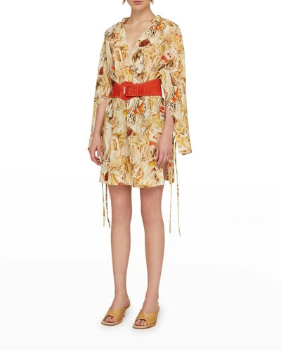 Agnona Abstract Shell-print Silk Mini Kaftan Dress In Mayo