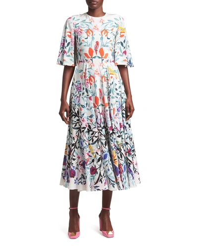 Valentino Floral-print Flutter-sleeve Silk Midi Dress In Multicolor