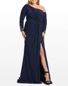 MAC DUGGAL PLUS SIZE ONE-SHOULDER LONG-SLEEVE JERSEY GOWN,PROD244090088