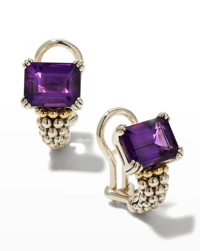 Lagos Glacier Two-tone 9x7mm Half Hoop Omega Clip Earrings In Amethyst