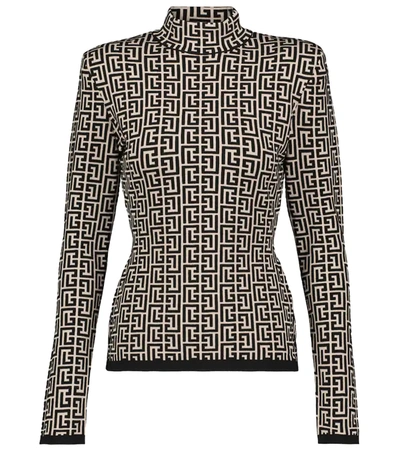 Balmain Logo Jacquard Turtleneck Pullover In Black